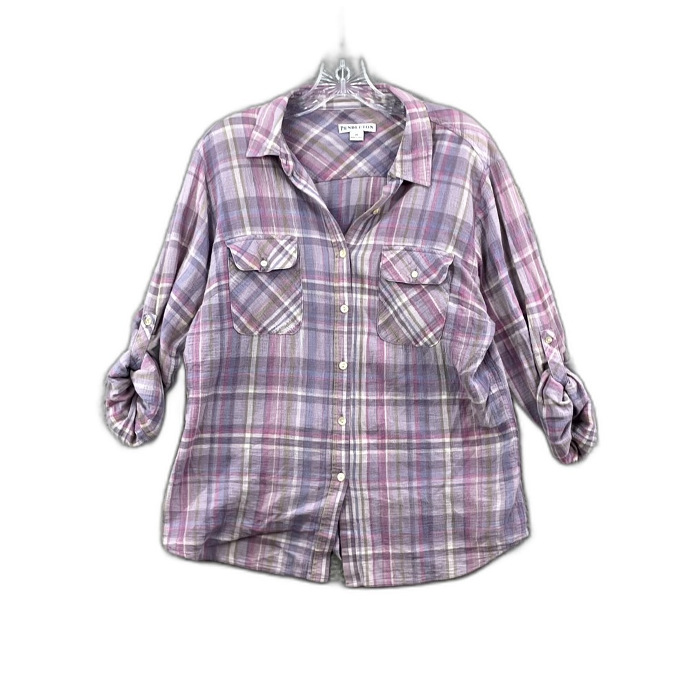 Pendleton Shirt Womens Medium Purple Plaid Roll Tab Sleeve Button Up Grunge Surf
